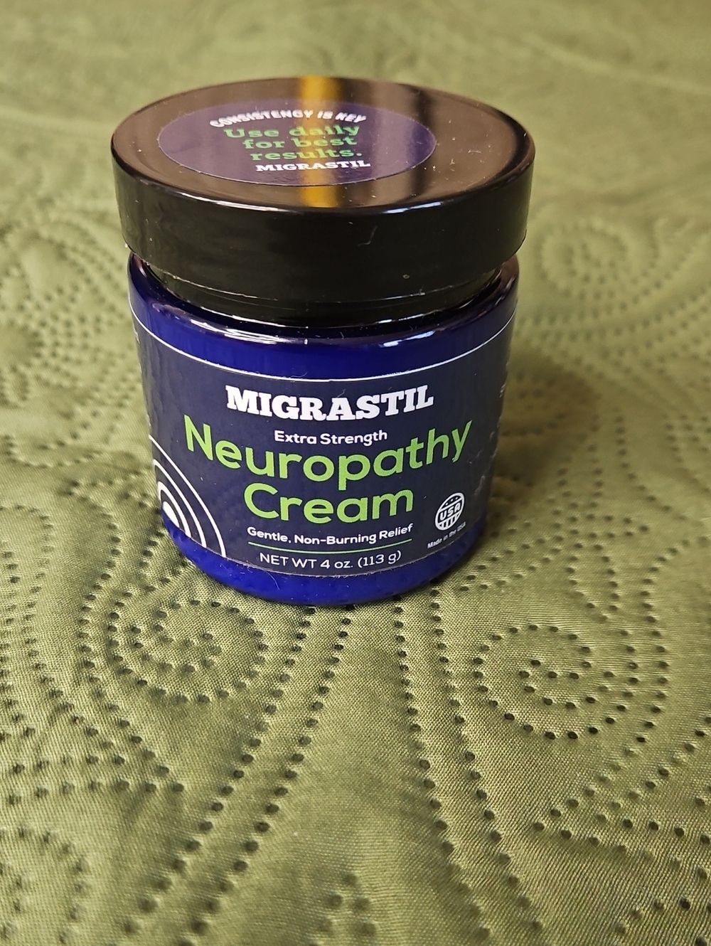 Migrastil Neuropathy Cream - Blue Jar with Lime Green Labeling